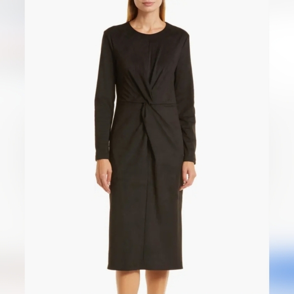 Donna Karan Black Label Velvety Long Sleeve Sheath Dress, twist front, back zip - Picture 1 of 6